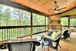 Spacious Back Deck with Wood Fireplace